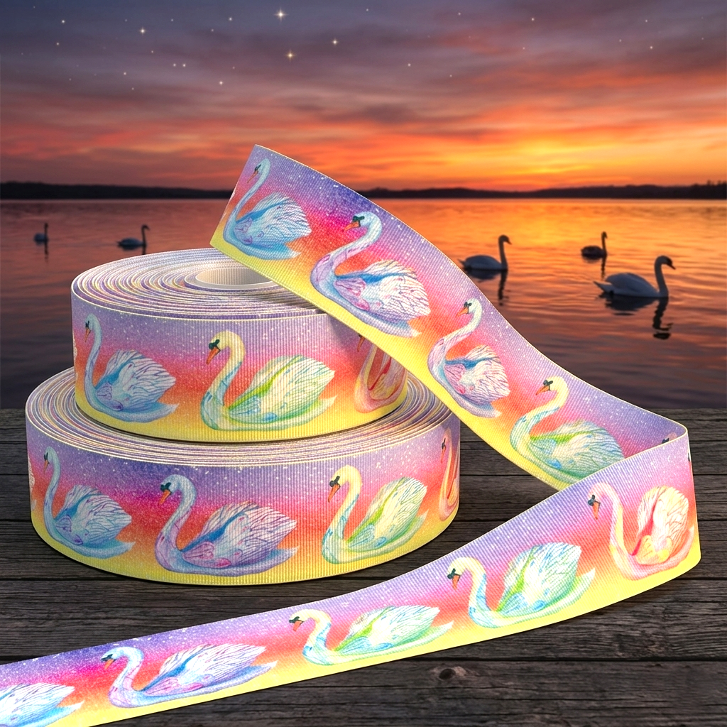🦢 Zauberhafte Schwäne im Sternenhimmel – 22 mm Bedrucktes Ripsband ✨