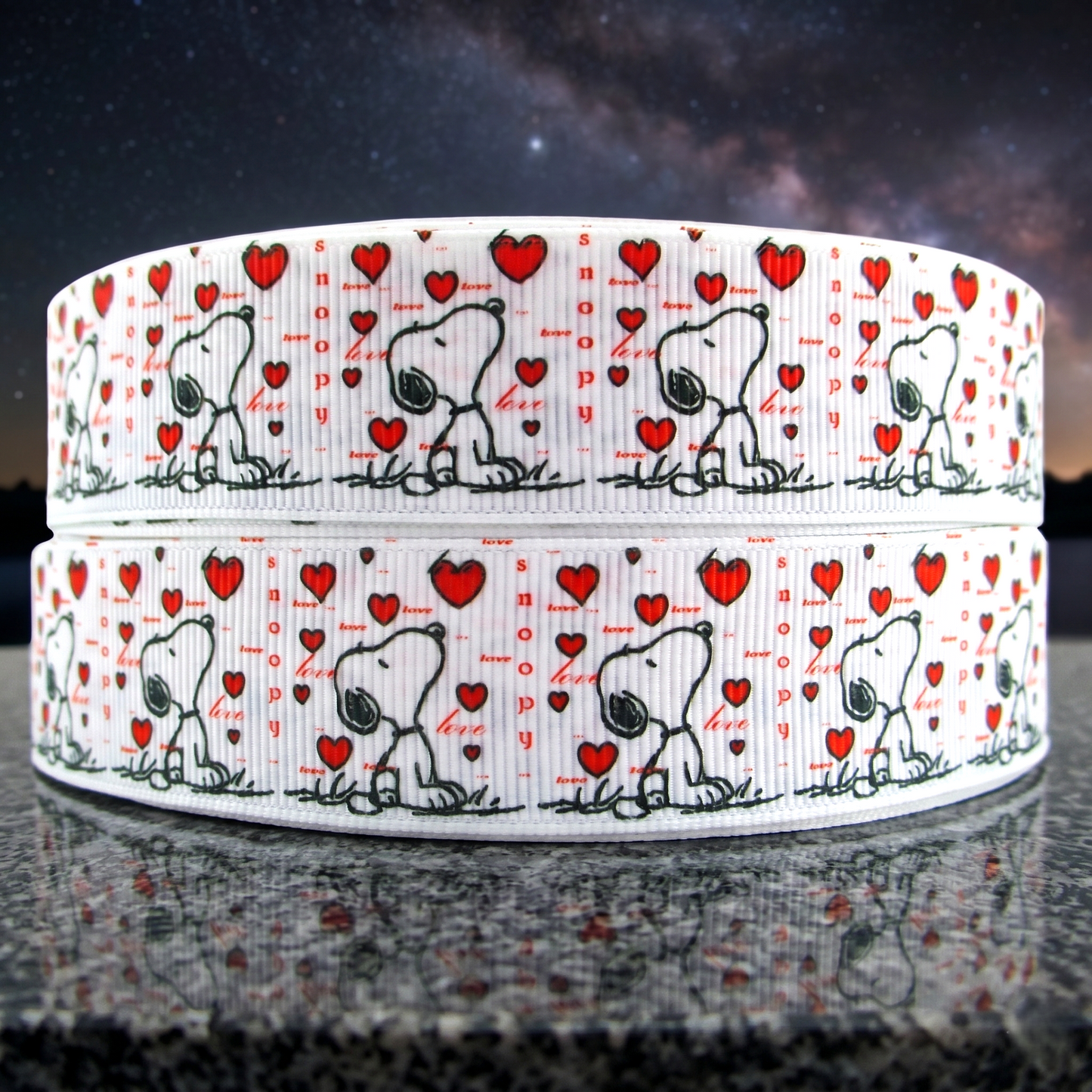 🐾 Bedrucktes Ripsband Snoopy's Himmelsblick mit Herzen und Schriftzug ❤️