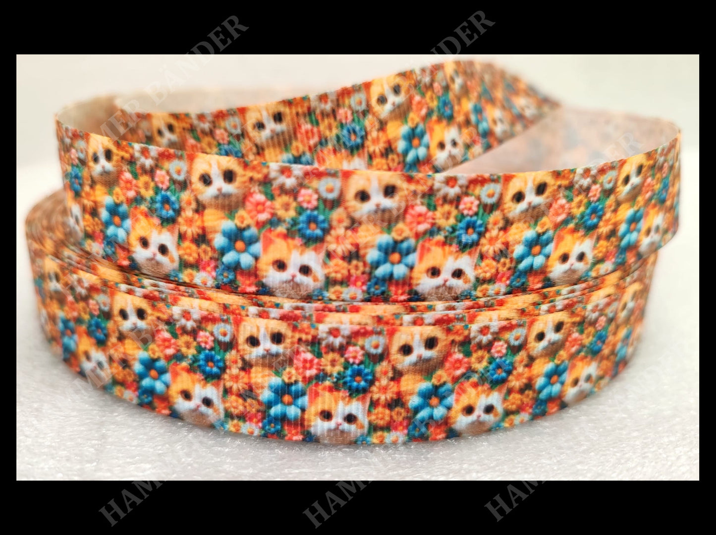 Rote Katzen im Blumenmeer -Band im Stick-Look – 19mm