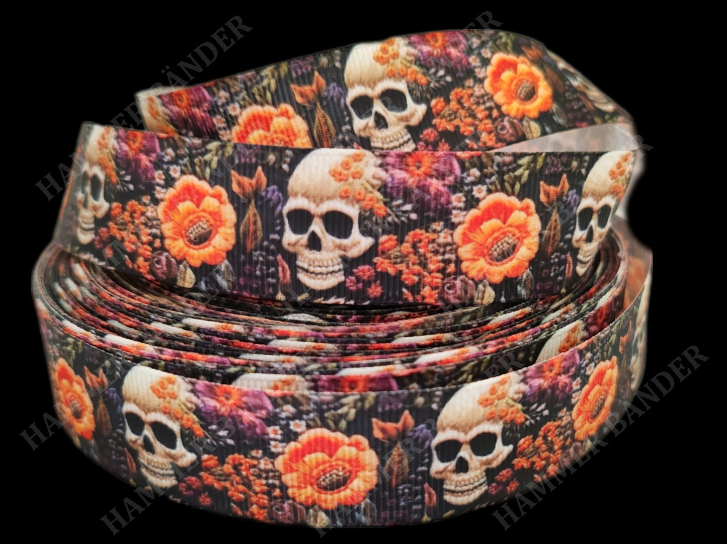Totenkopf & Blumen im Stick-Look -Band