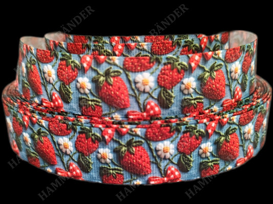 Erdbeeren & Blumen im Stick-Look -Band – 22mm