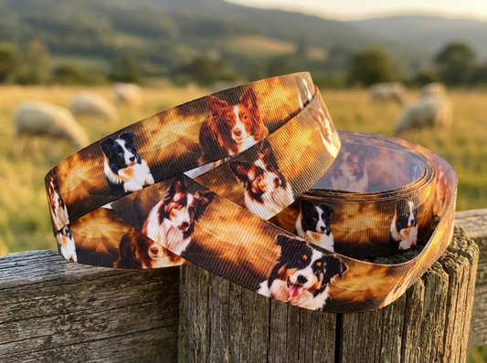 Border Collies im goldenem Glanz – Exklusives bedrucktes Band 25mm