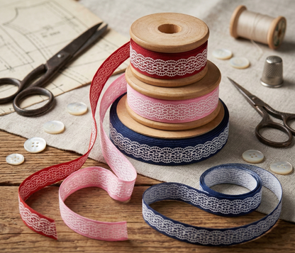 „Lace Elegance – Bezauberndes Häkeloptik-Band in Navy, Rot & Pink“ 16mm