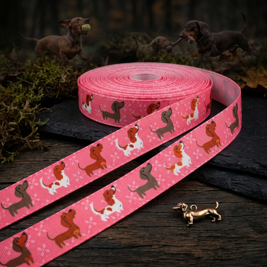 „Bunte Dackel-Parade“ – Teckel & Freunde – Ripsband 25 mm