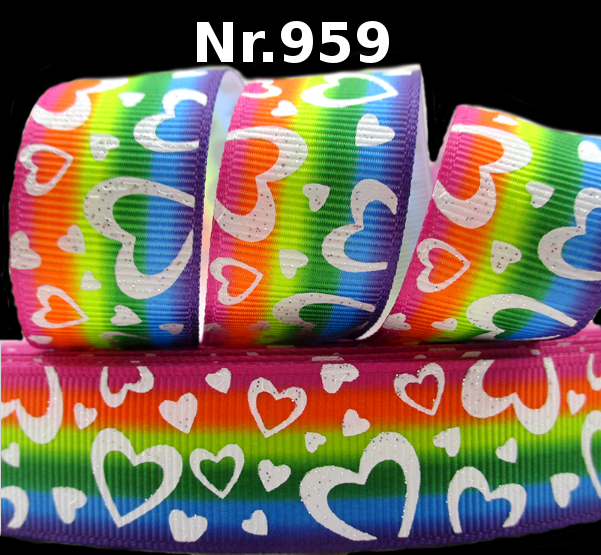 Regenbogen Herzen Ripsband – Bunter Farbverlauf mit Silber-Glitzer