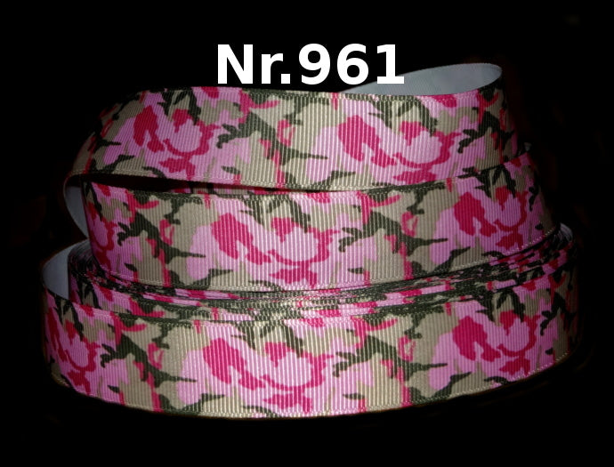 Rosen Camouflage Ripsband – Pinke Blüten auf Beige