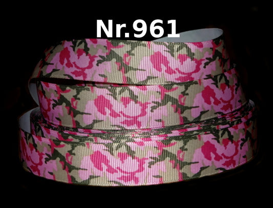 Rosen Camouflage Ripsband – Pinke Blüten auf Beige