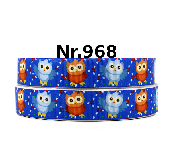 Niedliche Eulen Ripsband – Cartoon Eulen auf Blau