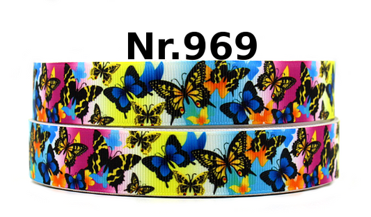 Buntes Schmetterlings-Ripsband – Farbenfrohe Falter (Weiß/Bunt)