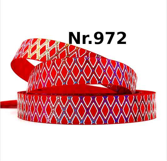 Rotes Ripsband mit Hologramm-Rauten – Festliches Geometrie-Muster