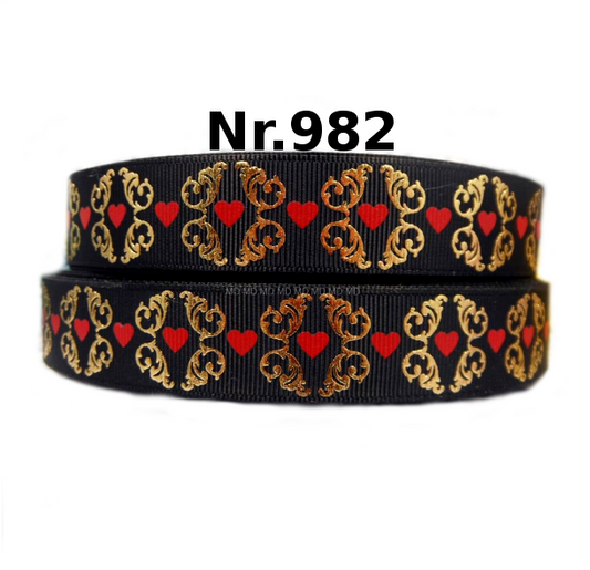 Ripsband "Barock Herz" Goldene Ornamente – Schwarz