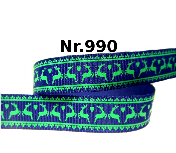 Ripsband "Rehe im Wald" Trachten-Look – 16mm (Blau/Grün)