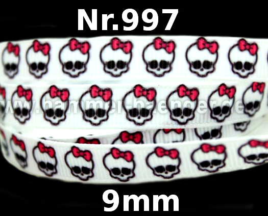Ripsband "Totenkopf Girly" Skulls & Schleifen – 9mm (Weiß)