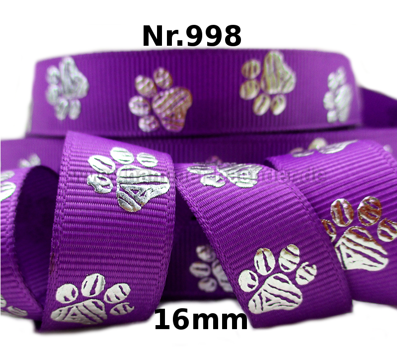 Ripsband "Pfotenabdrücke" Silber-Metallic – 16mm (Lila)