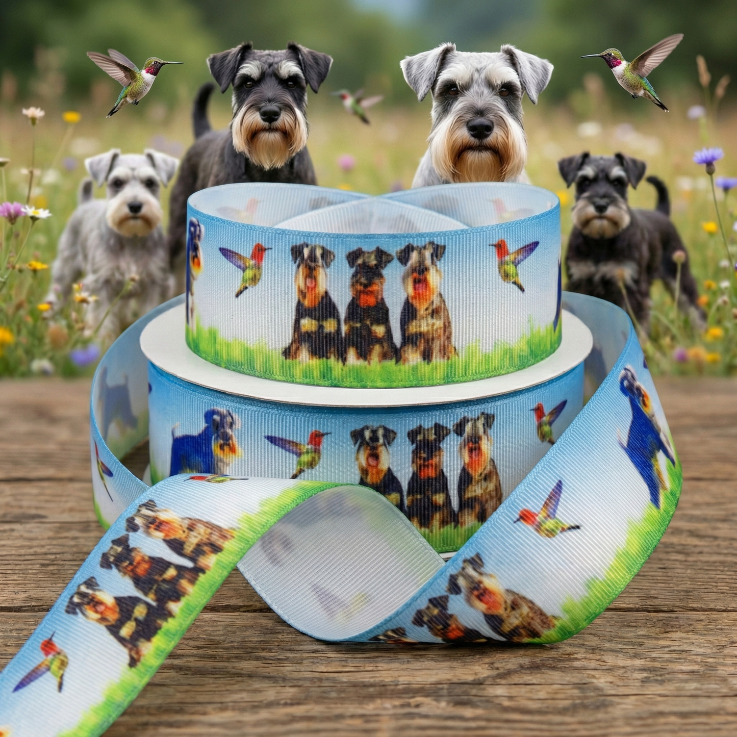 Exclusive Schnauzer on a meadow - Band with little birds - 22mm