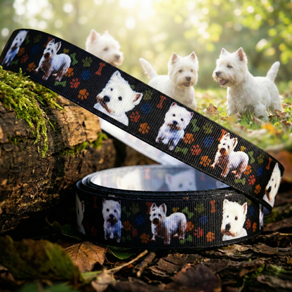 Exklusives  West Highland Terrier Pfotenliebe - Band auf Schwarz – 22mm