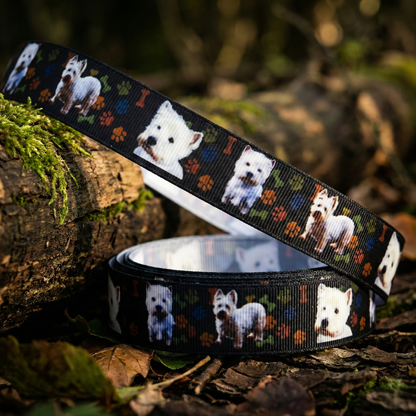 Exklusives  West Highland Terrier Pfotenliebe - Band auf Schwarz – 22mm
