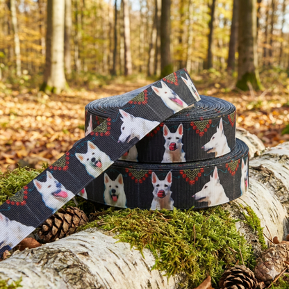 Exklusives  Weißer Schäferhund - Band mit Ornament - Rand – 25mm