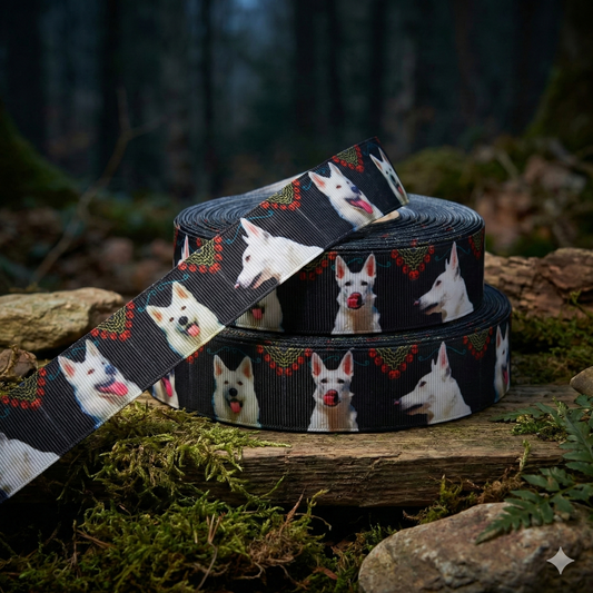 Exklusives  Weißer Schäferhund - Band mit Ornament - Rand – 25mm