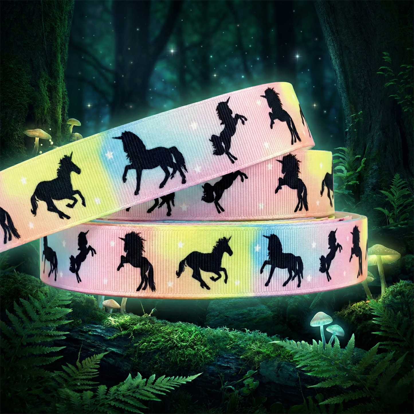 Exclusive unicorn magic on colorful cotton candy ribbon – 16mm