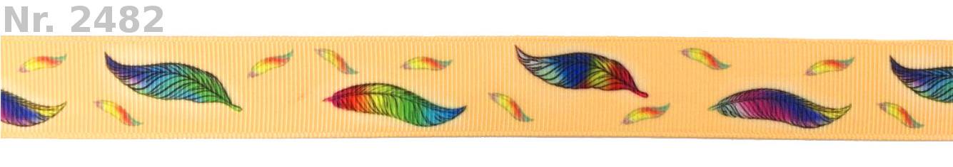 Exklusives  Bunte Federn auf Beige -Band – 22mm