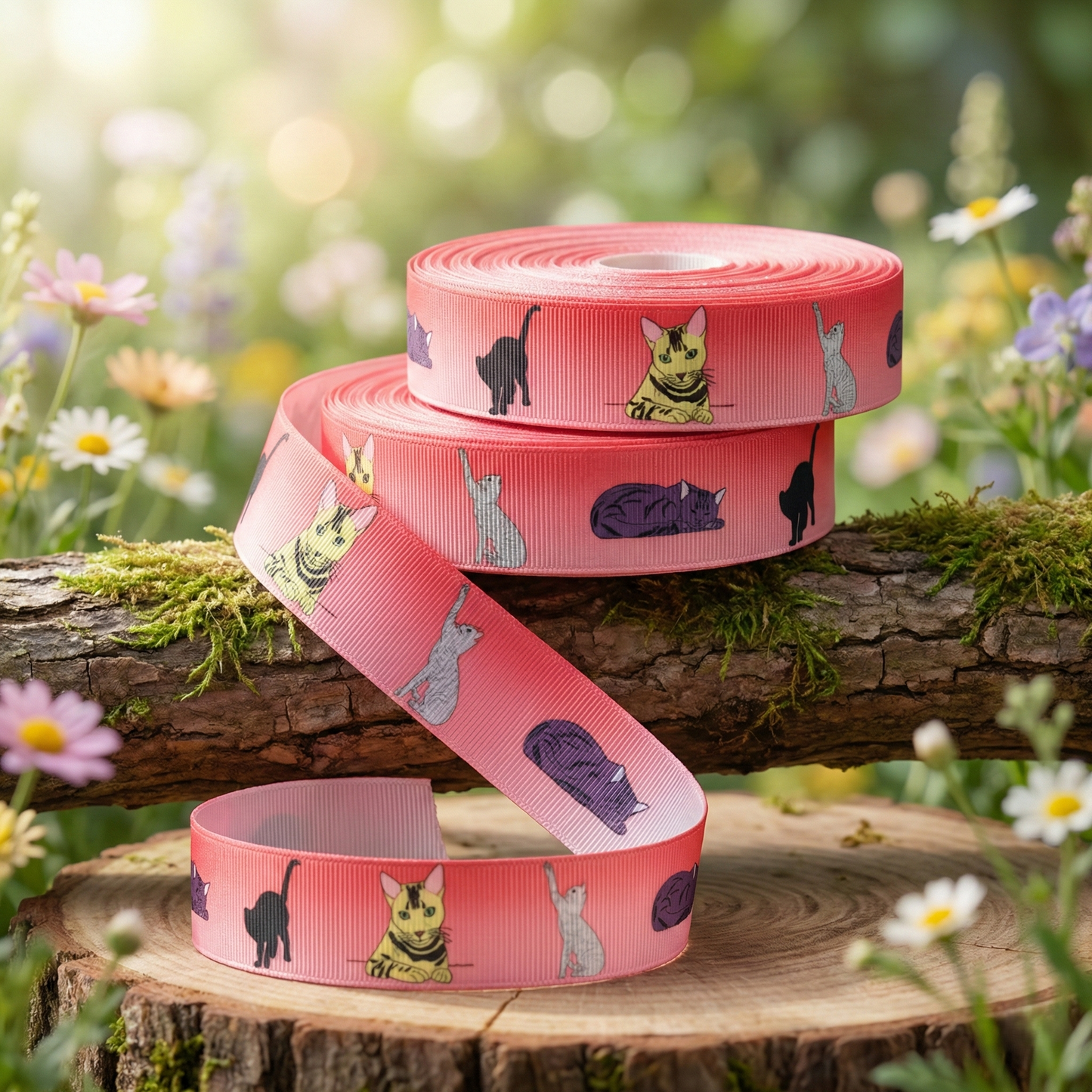 Exclusive cat love ribbon with pastel red gradient – ​​22mm