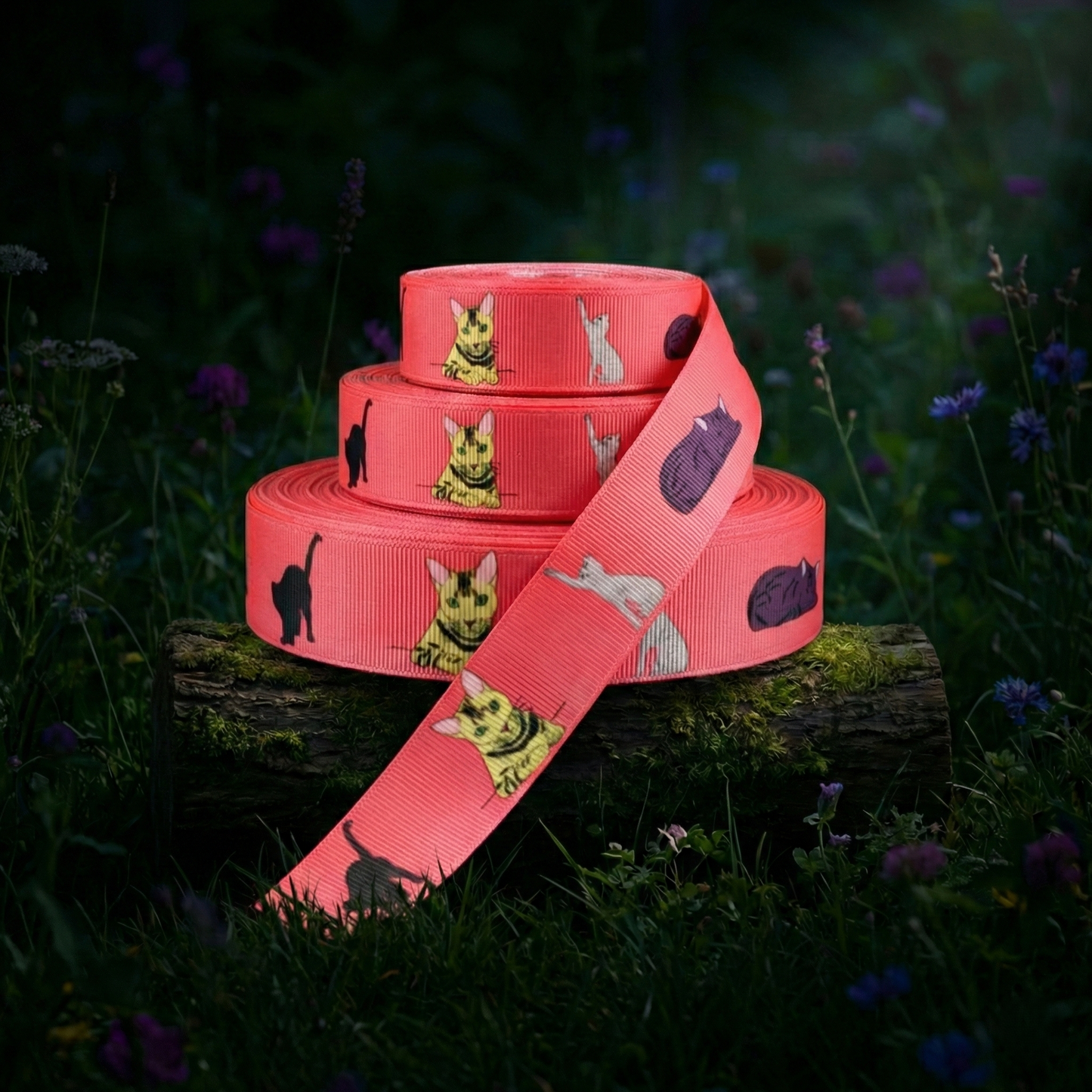Exclusive cat love ribbon with pastel red gradient – ​​22mm