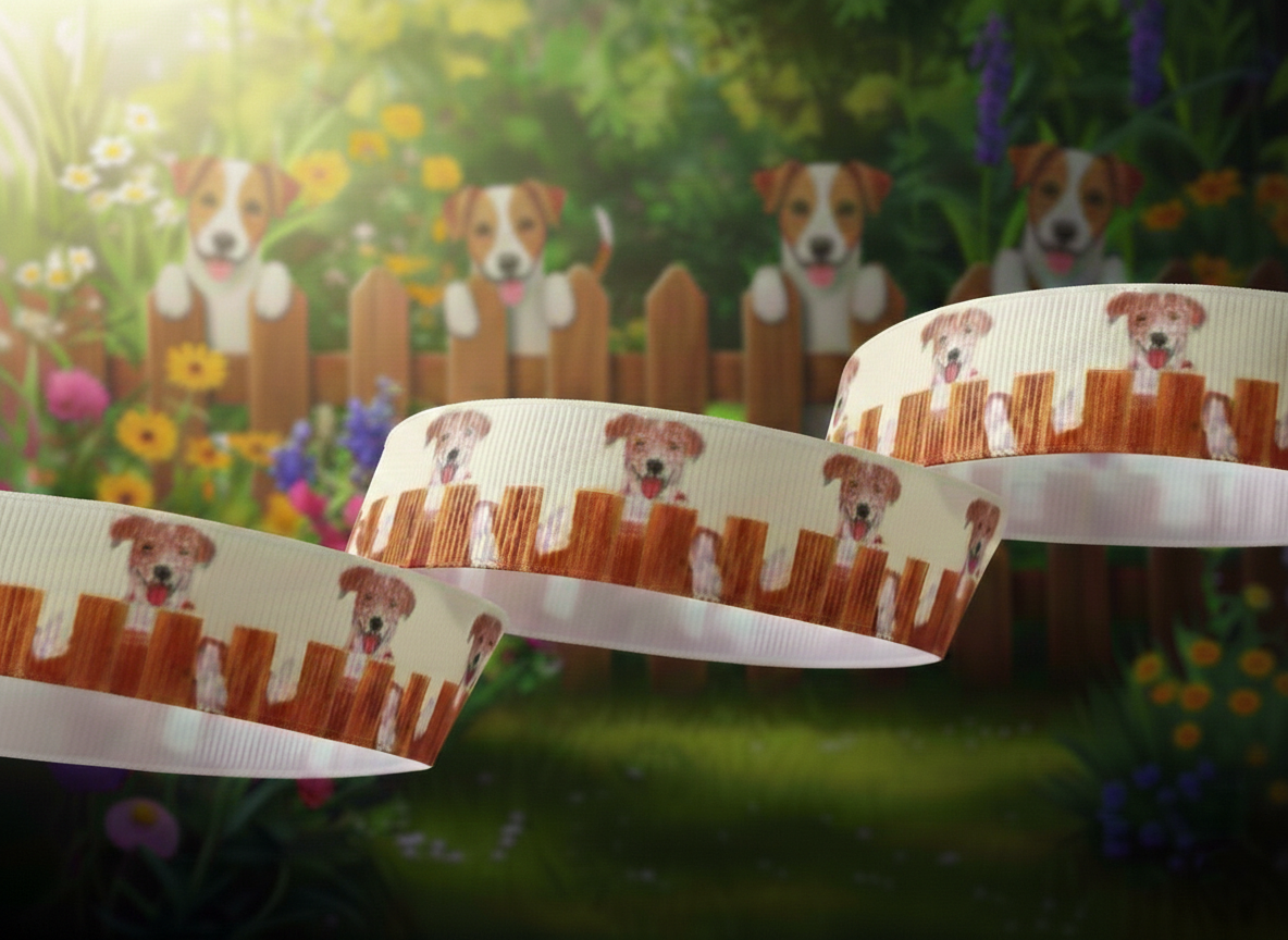 „Garden Buddy – Bezauberndes Ripsband mit neugierigem Hund am Holzzaun“ 22 mm
