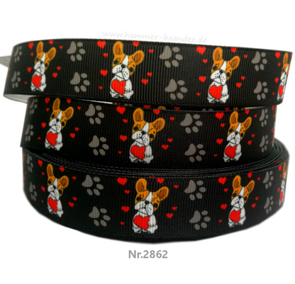 „Frenchie Love – Exklusives Ripsband mit Französischer Bulldogge & Herzen“ 22 mm