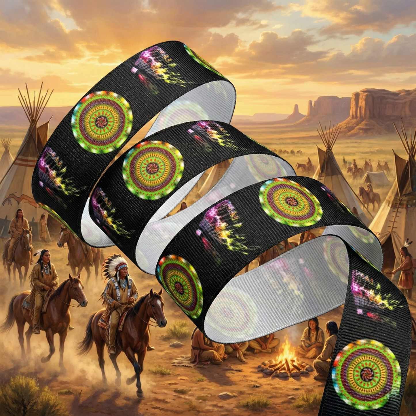 „Spirit of Manitu – Exklusives Ripsband mit Chief-Motiven & leuchtenden Mandalas“ 22 mm