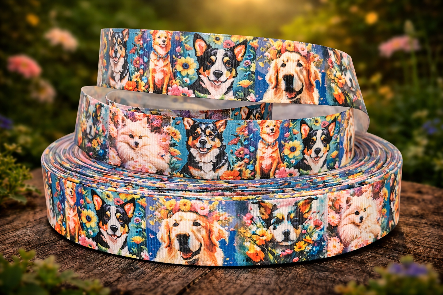 Hunde im Blumenmeer – Exklusives bedrucktes Band 22mm