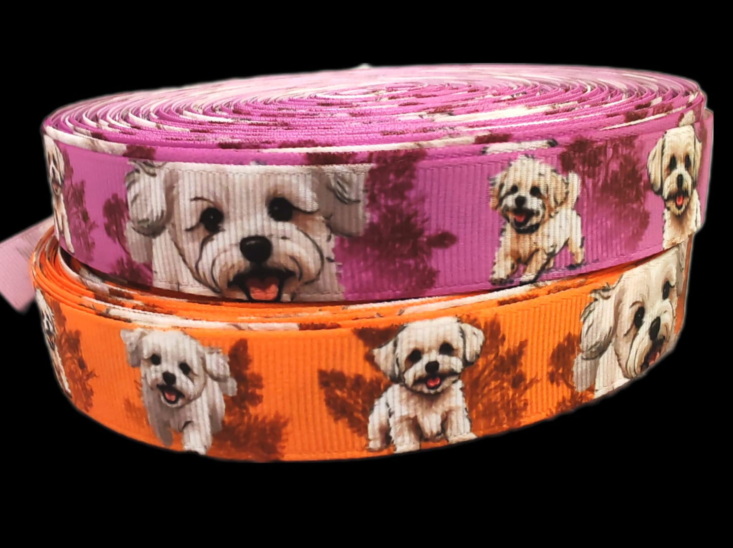 Süßer Malteser in Orange & Beere – Exklusives bedrucktes Band 19mm