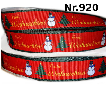 Exklusives  Frohe Weihnachten -Band mit Tannenbaum & Schneemann – 25mm