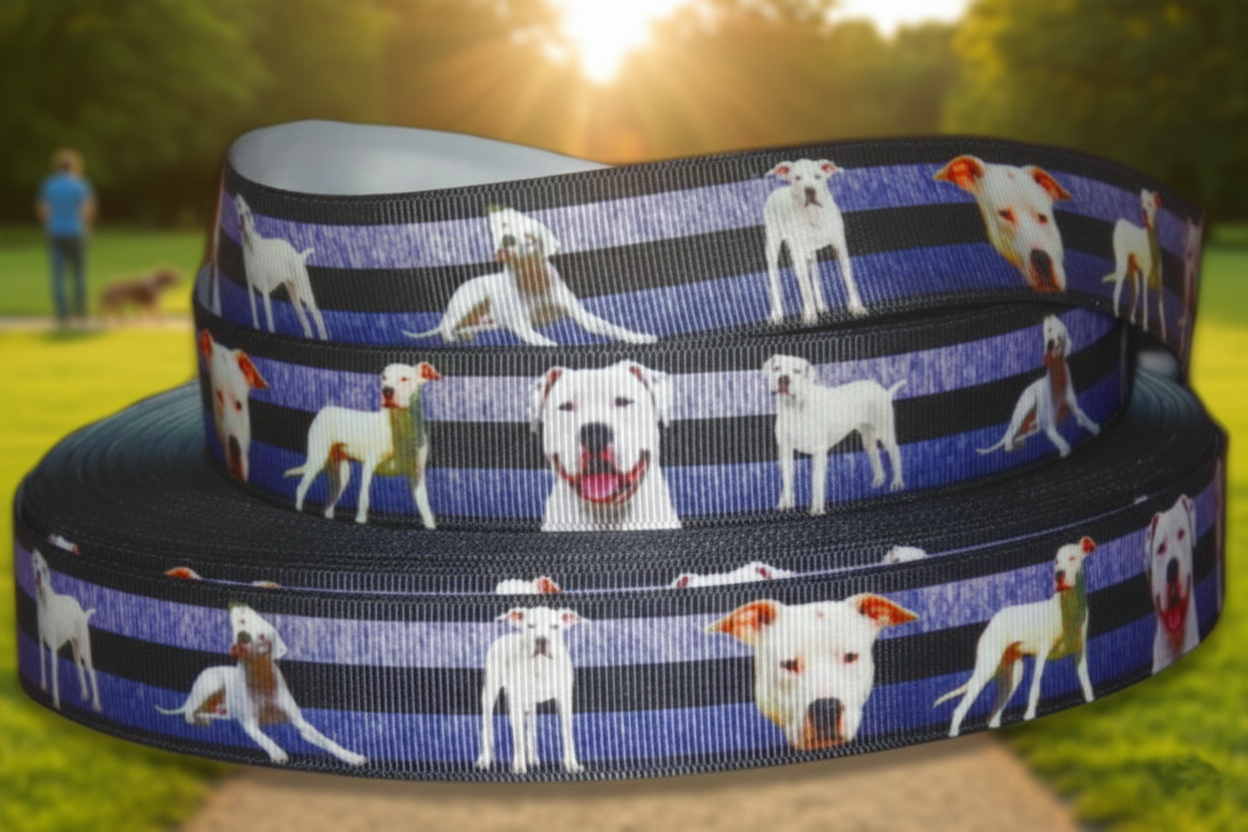 Exklusives  Dogo Argentino -Band auf Schwarz-Blauem Streifen – 25mm