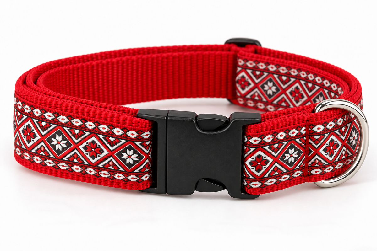 Nähbeispiel Boho Love: Hundehalsband aus Webband WB-3308 mit rotem Rautenmuster, Gurtband Rot und Kunststoff-Klickverschluss. Materialset zum Selbernähen.