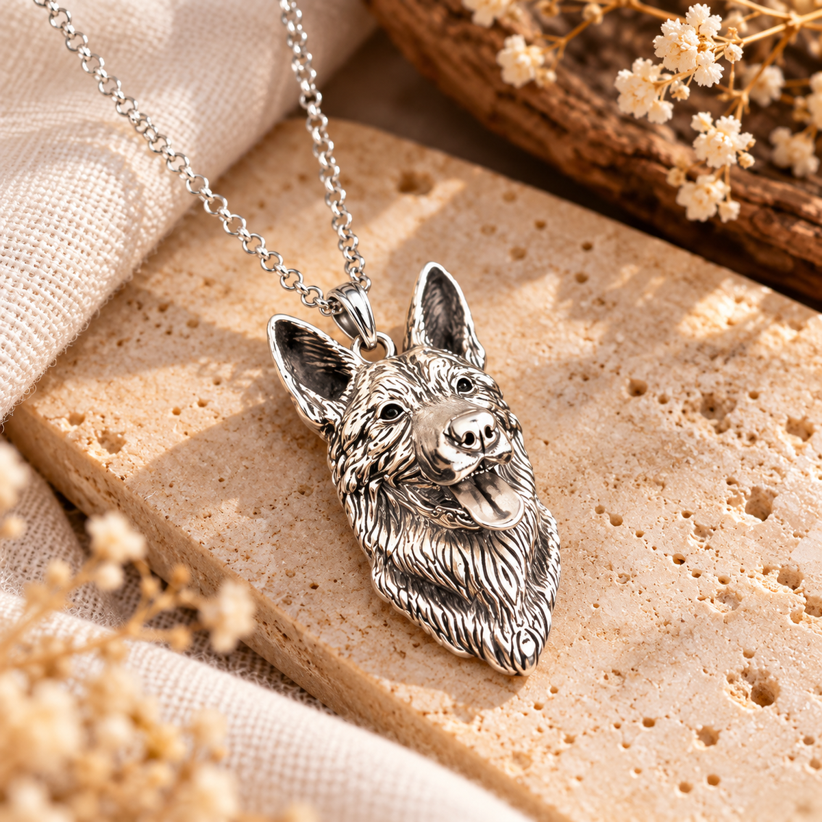 Versilberter 3D Schäferhund-Anhänger mit Kette – Lifestyle Produktbild