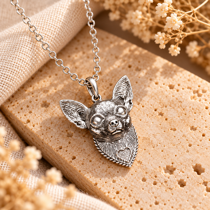 Versilberter 3D Chihuahua-Anhänger mit Kette – Lifestyle Produktbild