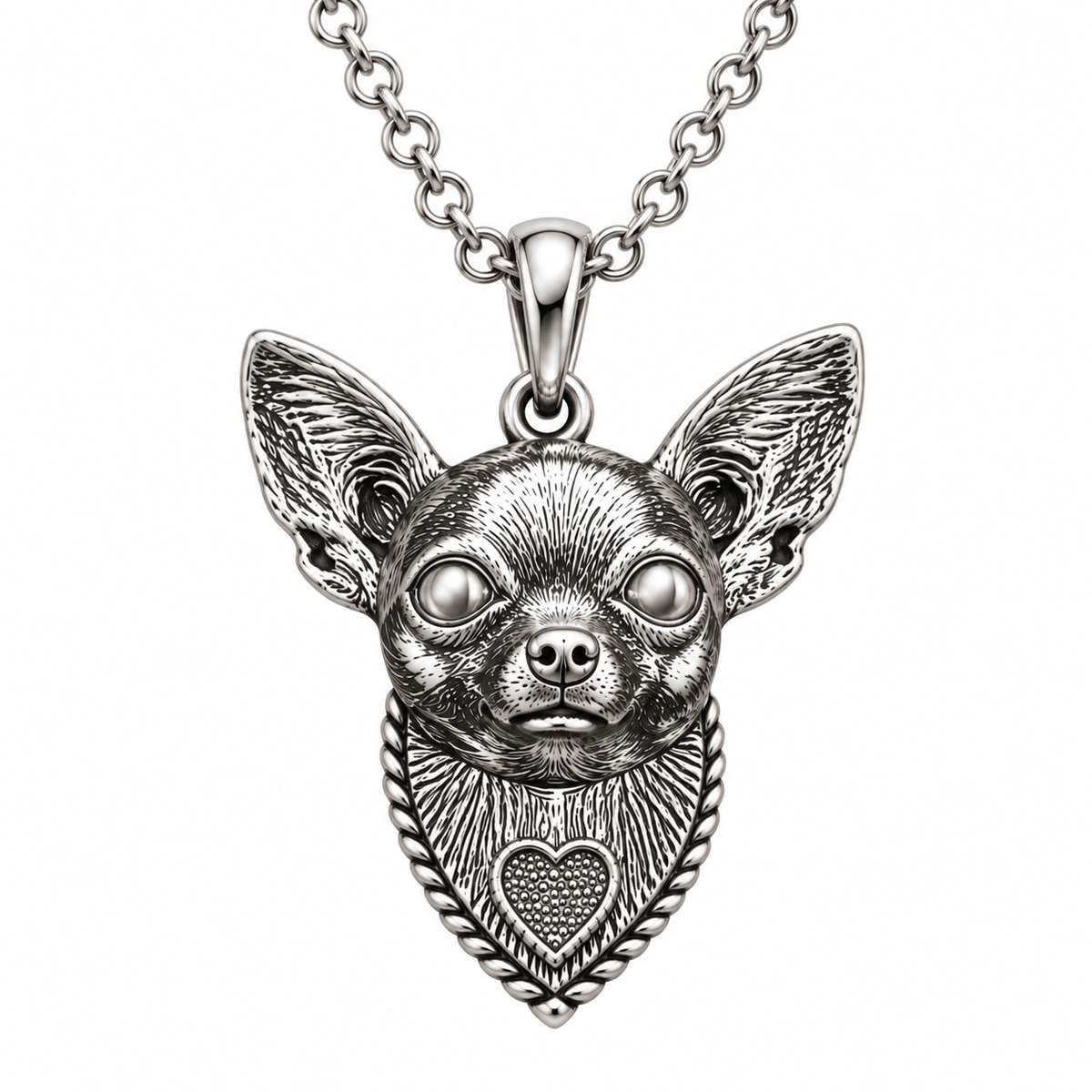 Versilberter 3D Chihuahua-Anhänger mit silberfarbenen Augen auf weißem Hintergrund