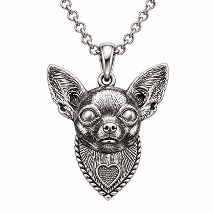 Versilberter 3D Chihuahua-Anhänger mit silberfarbenen Augen auf weißem Hintergrund