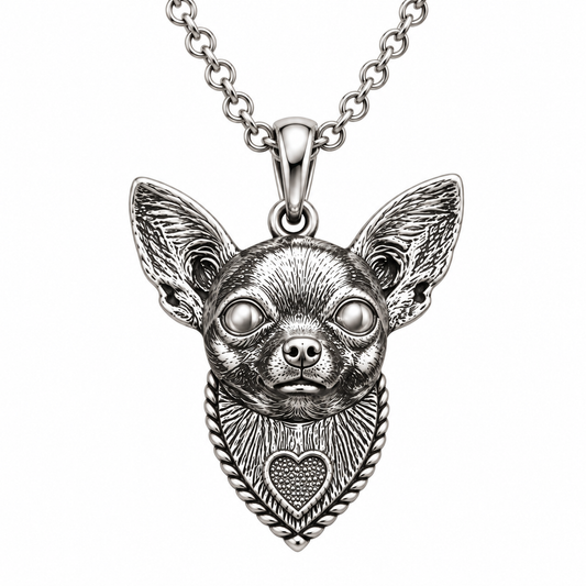 Versilberter 3D Chihuahua-Anhänger mit silberfarbenen Augen auf weißem Hintergrund