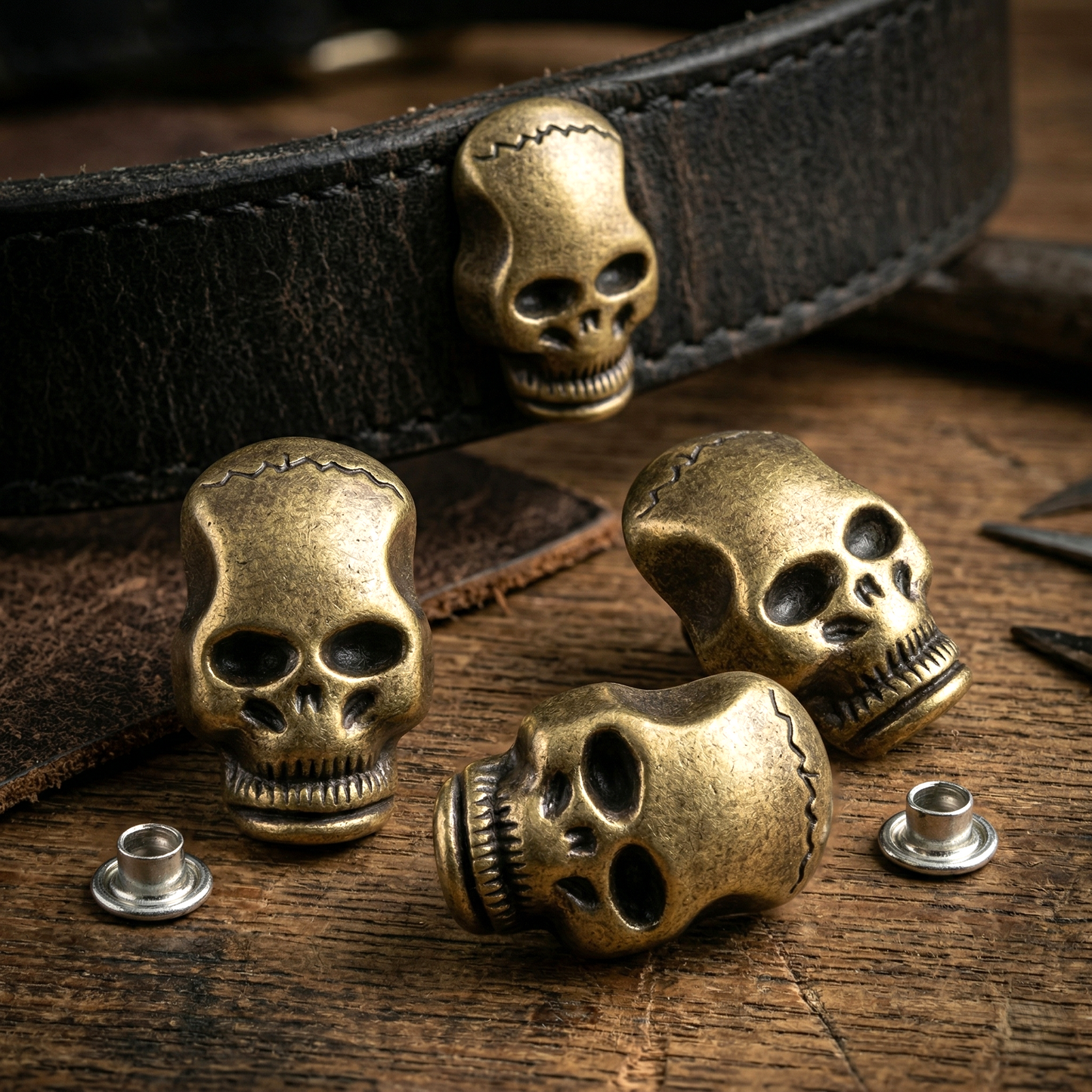 💀 Markante Zierniete Totenkopf – Edle Messing-Optik für rockige Akzente ✨