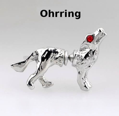 Wolf-Ohrringe in Silber & Gold | Mit Roten Strassaugen