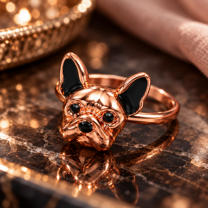 Französische Bulldogge Ring in Roségold – inszeniertes Produktbild