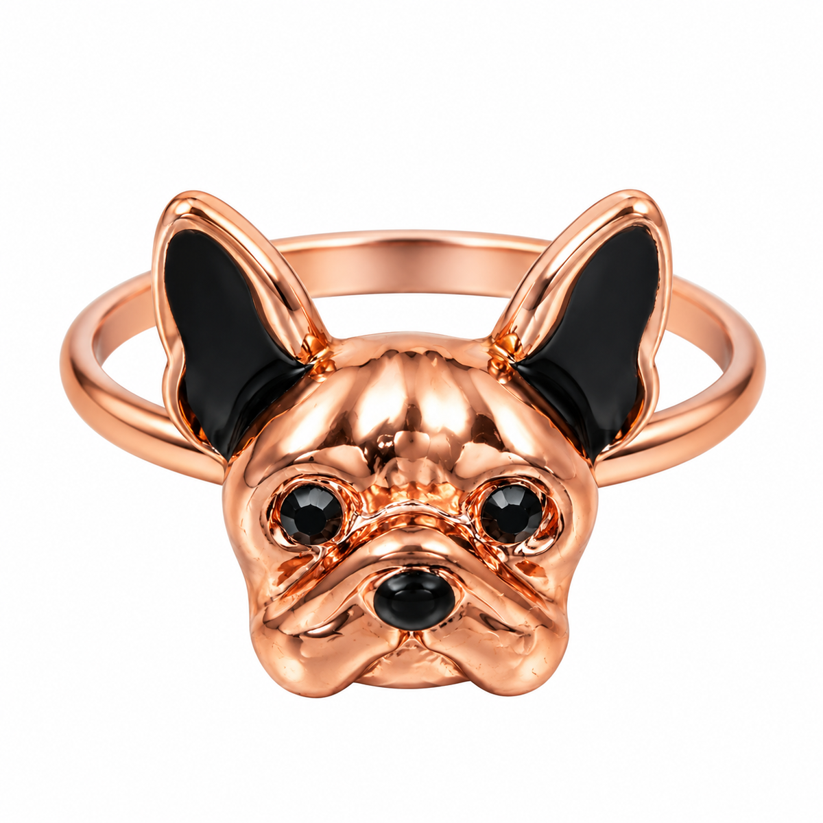 Französische Bulldogge Ring in Roségold mit dunklen Strassaugen auf weißem Hintergrund