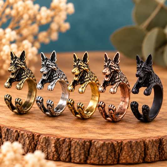 Schäferhund 3D-Wickelring in Alt-Messing, Versilbert, Gold, Rosegold und Schwarz