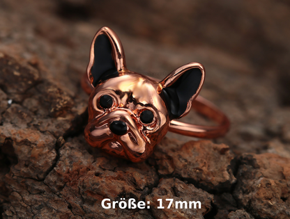 Französische Bulldogge Ring in Rosegold | Mit Strassaugen