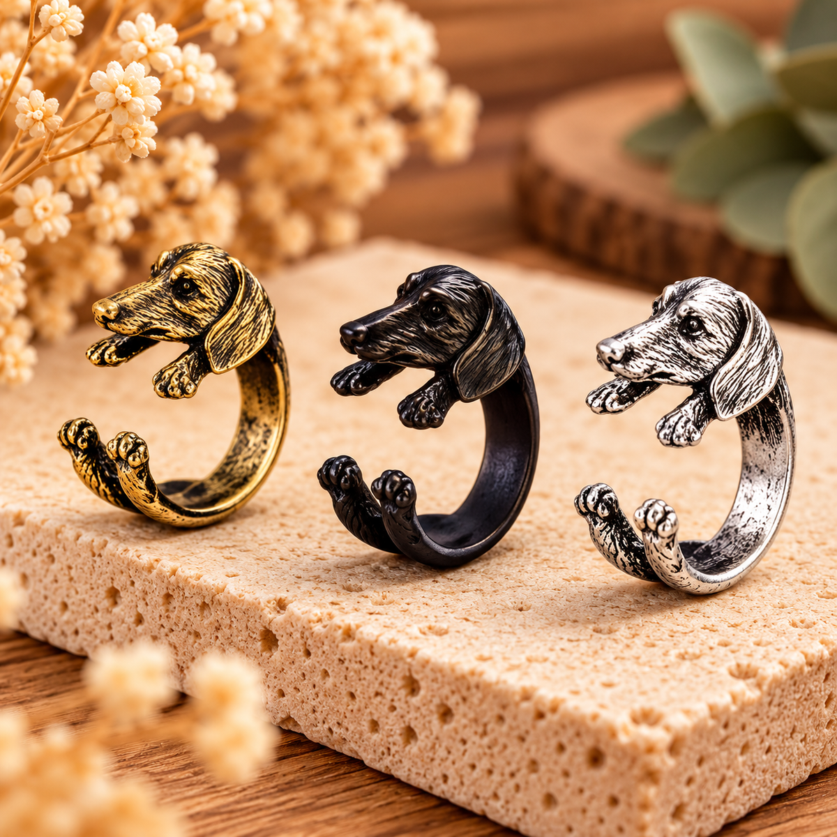 Dackel 3D-Wickelring in Alt-Messing, Schwarz und Silber