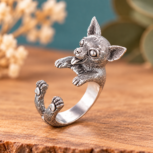 Versilberter Chihuahua 3D-Wickelring mit Hundekopf und Pfoten