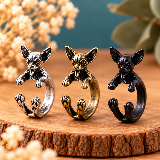 Chihuahua 3D-Wickelring in Silber, Alt-Messing und Schwarz