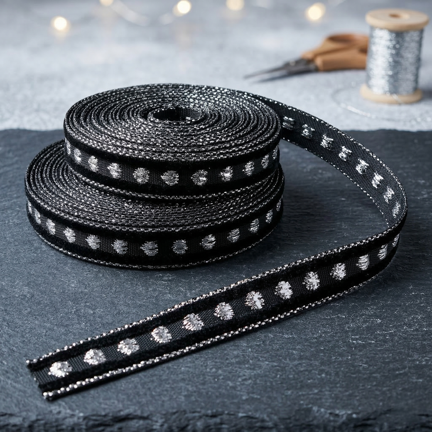 🌟 Funkelndes Webband in 10mm mit silbernen Akzenten – Schwarz und Silber ✨